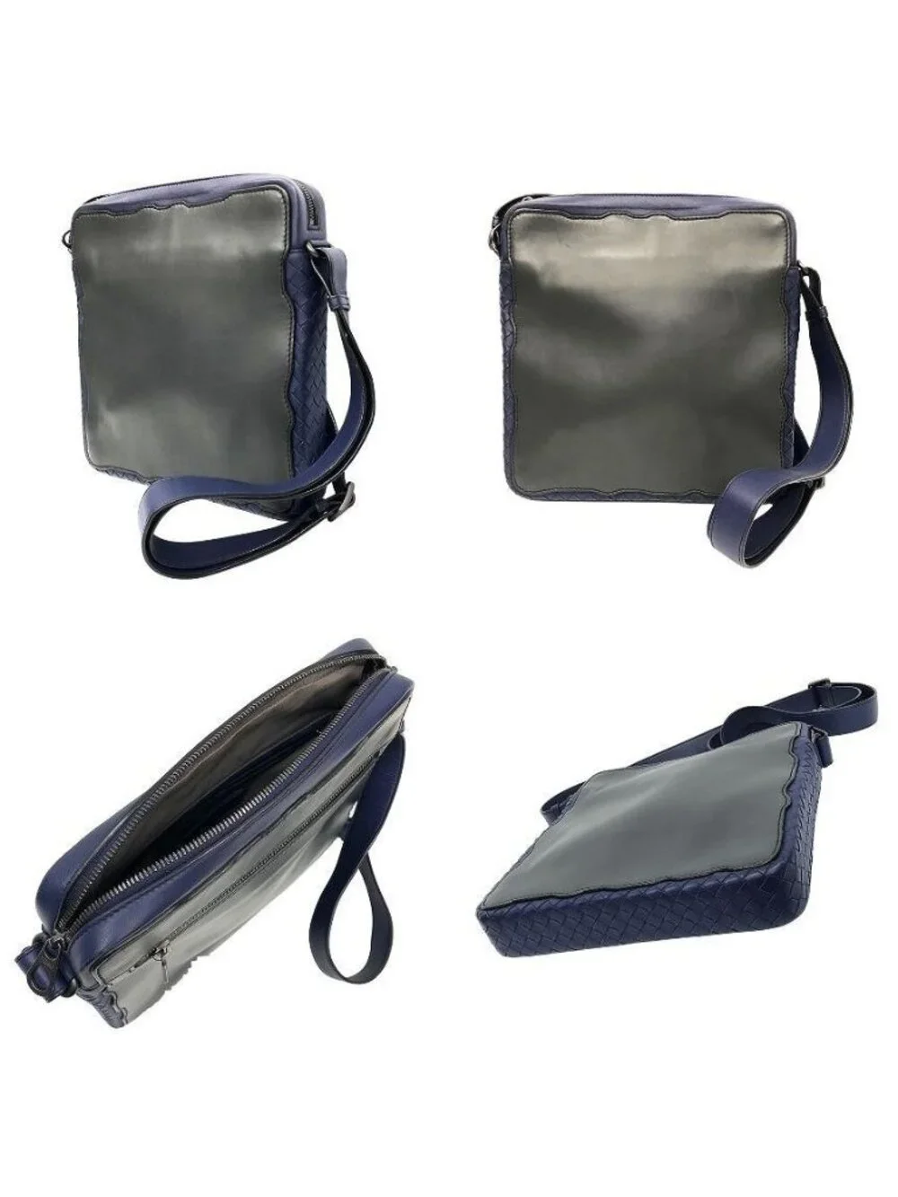 Bottega Veneta Intrecciato Trim Leather Shoulder Bag Crossbody Navy Gray Braided